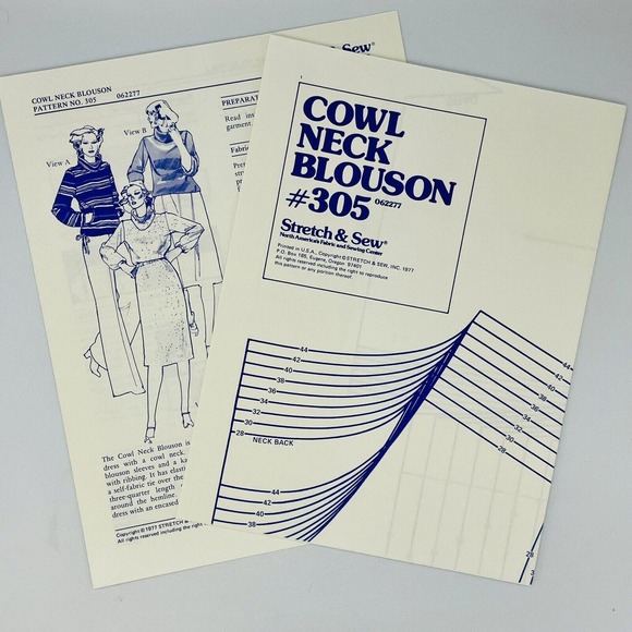 Stretch & Sew 305 Vintage Pattern Cowl Neck Blouson Blouse Bust 28-44 Uncut - Picture 3 of 3